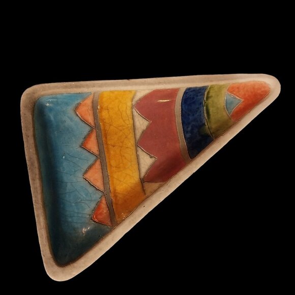 Raku PottGeometric Ceramic Triangle Dish From South Africa With Multicolor Desig - Picture 1 of 7